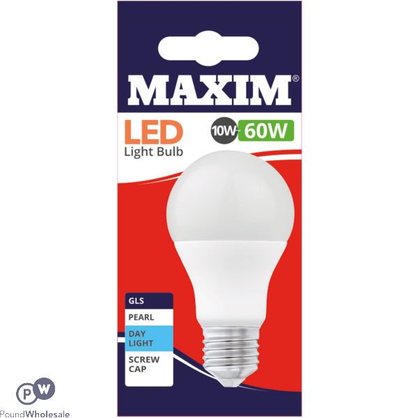 Maxim Led Light Bulb 10w=60w Gls Pearl Day Light White Edison Screw