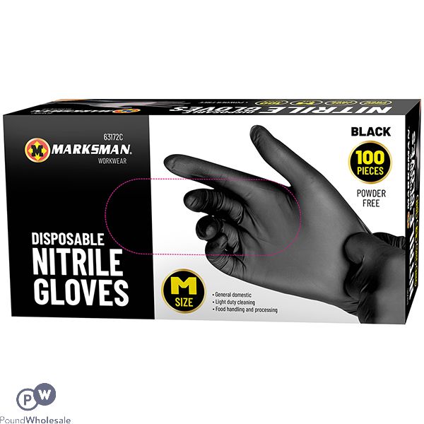 Marksman Black Nitrile Disposable Gloves Medium 100pc