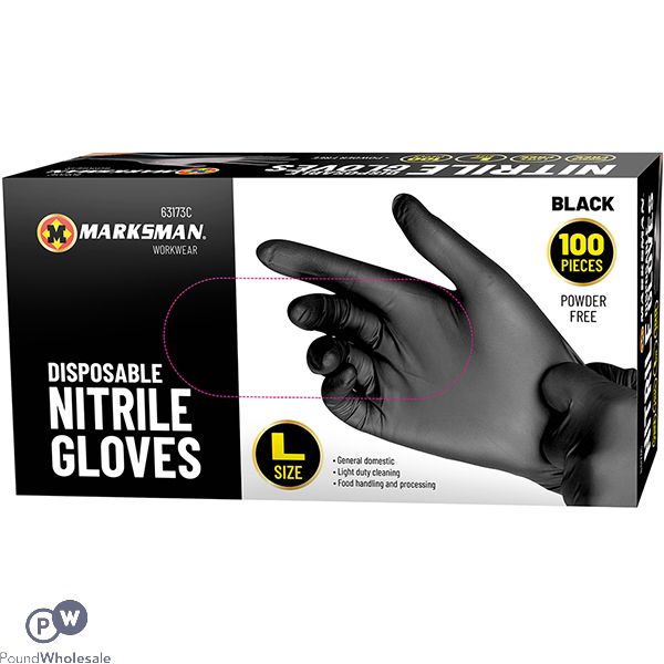 MARKSMAN BLACK NITRILE DISPOSABLE GLOVES LARGE 100PC