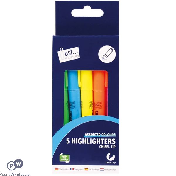 Just Stationery Assorted Bright Chisel Tip Highlighter Pens 5 Pack
