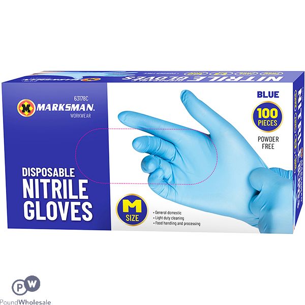 MARKSMAN DISPOSABLE BLUE NITRILE GLOVES MEDIUM 100PC