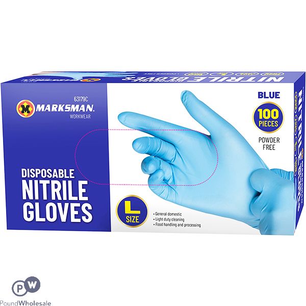 MARKSMAN DISPOSABLE BLUE NITRILE GLOVES LARGE 100PC