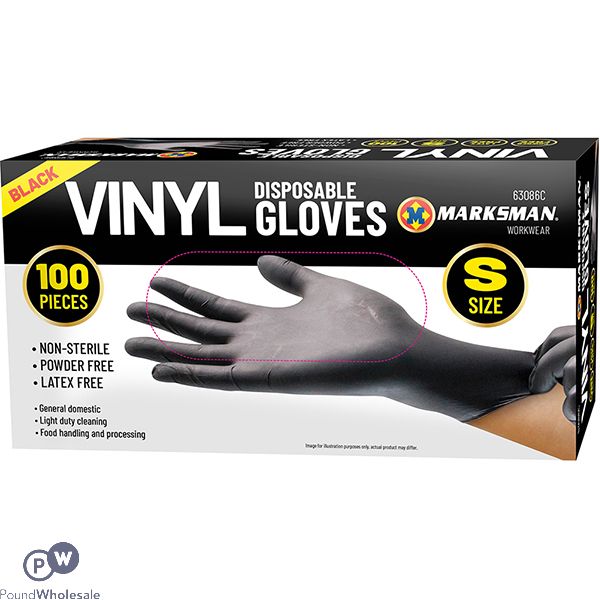 MARKSMAN BLACK VINYL DISPOSABLE GLOVES SMALL 100PC