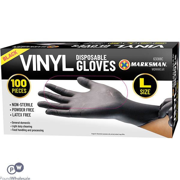 Marksman Black Vinyl Disposable Gloves Large 100pc