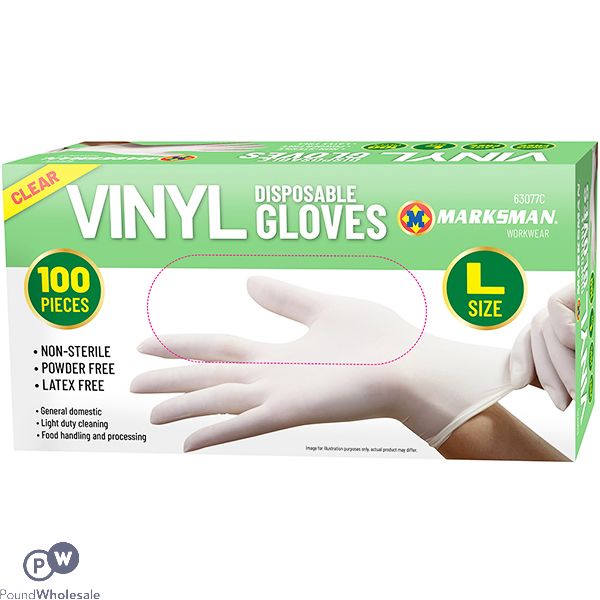 MARKSMAN CLEAR VINYL DISPOSABLE GLOVES LARGE 100PC