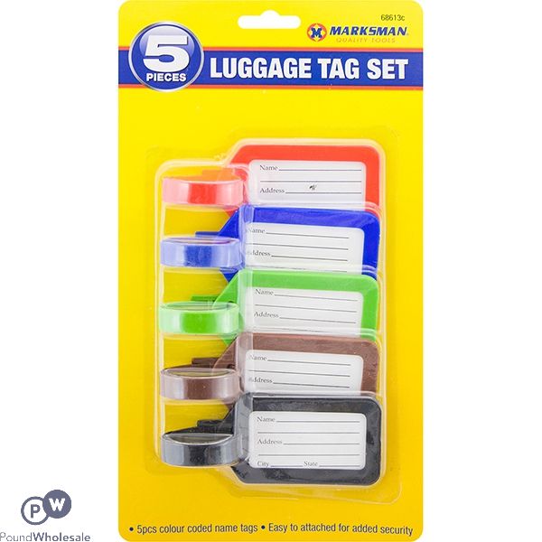 MARKSMAN LUGGAGE TAG SET ASSORTED COLOURS 5PC
