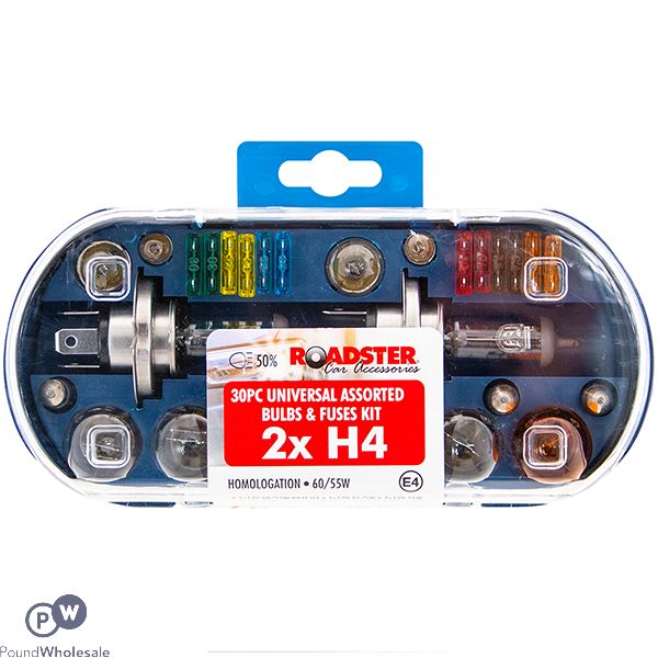 Roadster 2x H4 Universal Assorted Car Bulbs & Fuses Kit 30pc