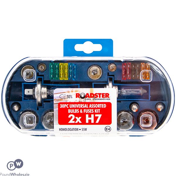Roadster 2x H7 Universal Assorted 55w Car Bulbs & Fuses Kit 30pc
