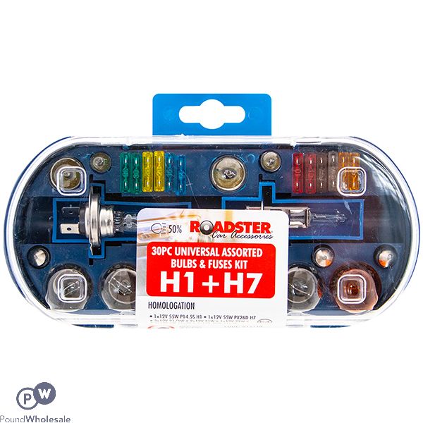 Roadster H1 + H7 Universal Assorted Car Bulbs & Fuses Kit 30pc