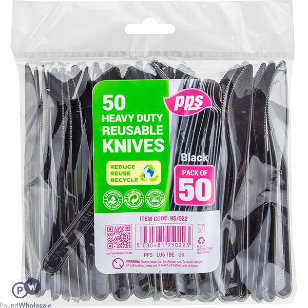 Pps Heavy Duty Reusable Black Plastic Knives 50 Pack