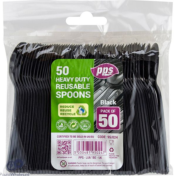 Pps Heavy Duty Reusable Black Plastic Spoons 50 Pack