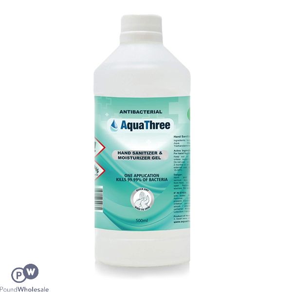 Aquathree 70% Alcohol Antibacterial Hand Sanitiser & Moisturiser Gel 500ml