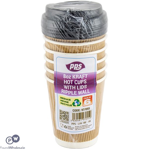 PPS Ripple Kraft Drink Cups With Lids 8oz 6 Pack