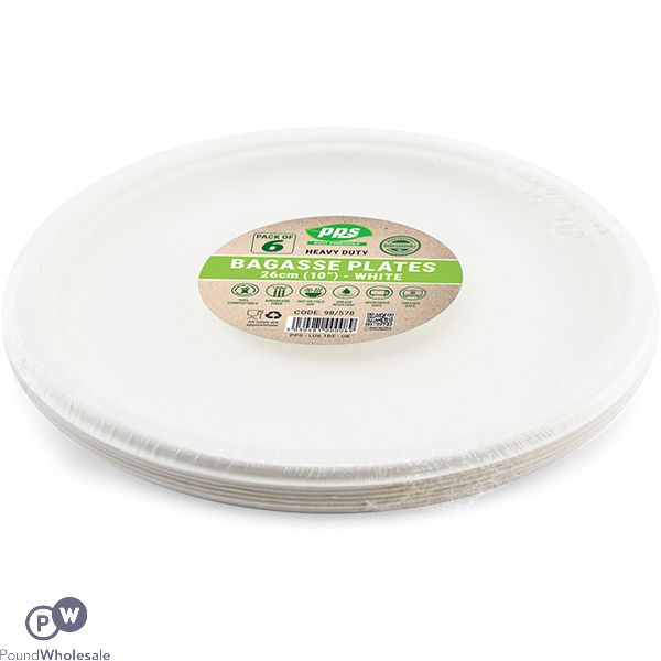 Pps Eco-friendly Disposable White Bagasse Plates 26cm 6 Pack