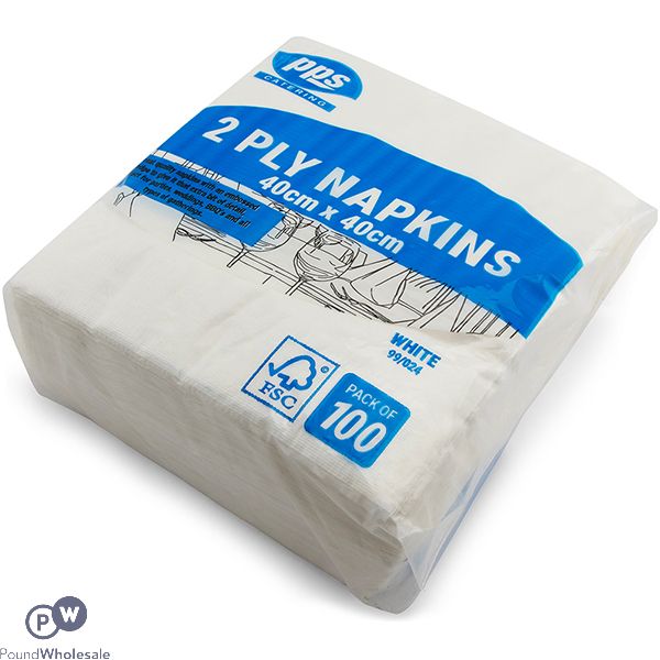 Pps 2-ply White Napkins 40cm X 40cm 100 Pack