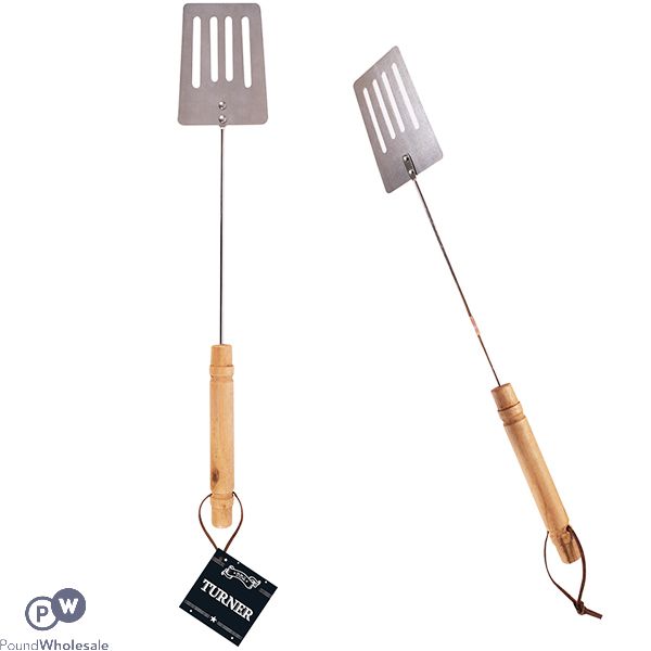 WOODEN HANDLE CHROME BARBECUE SLOTTED TURNER 43CM