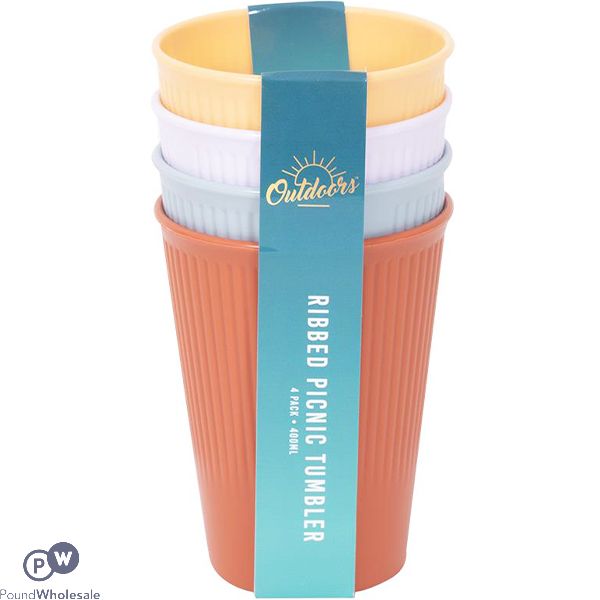 Bello Assorted Colour Plastic Ribbed Picnic Tumblers 400ml 4 Pack