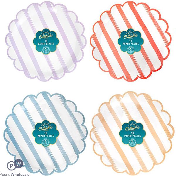 Bello Striped Scalloped Paper Plate 22cm 10 Pack Assorted Colours