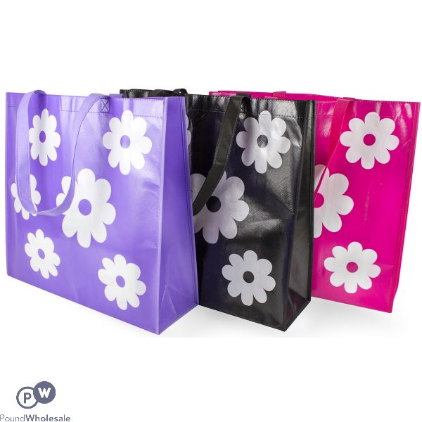 SHOPPING BAG FLOWER DESIGN THREE ASSORTED COLOURS 43 X 40 X 14CM