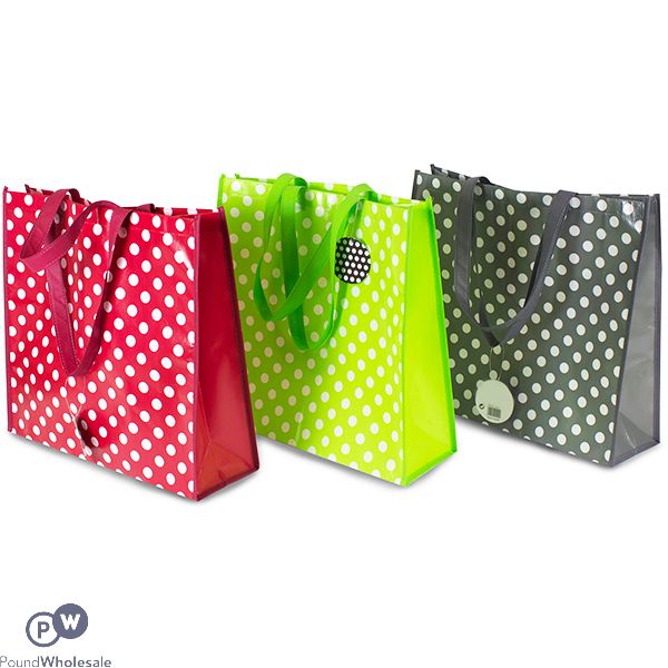 POLKA DOT SHOPPING BAG NON WOVEN MATERIAL 3 ASSORTED COLOURS