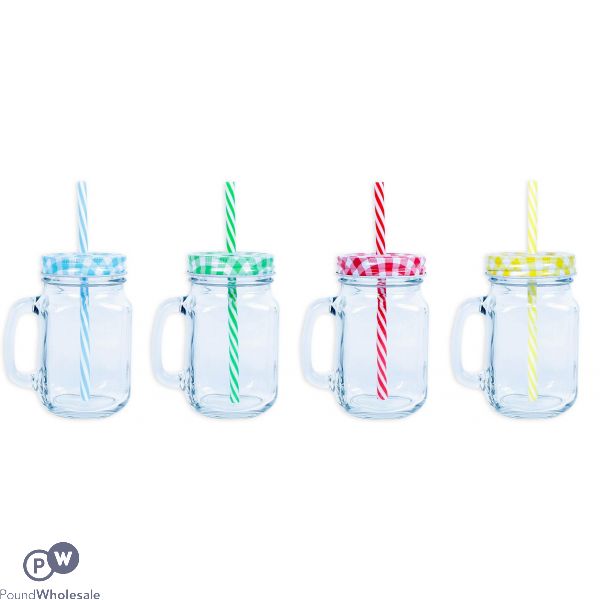 Mason Jar With Lid & Straw 450ml 4 Assorted Colours