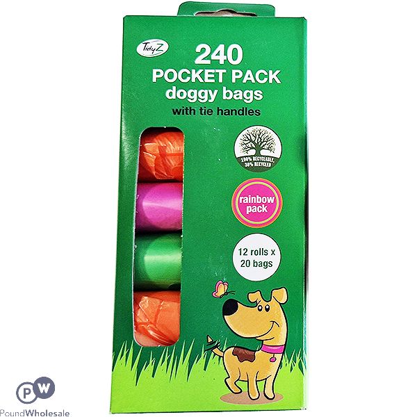 TIDYZ POCKET RAINBOW ASSORTED COLOUR TIE HANDLE DOGGY BAGS 240 PACK