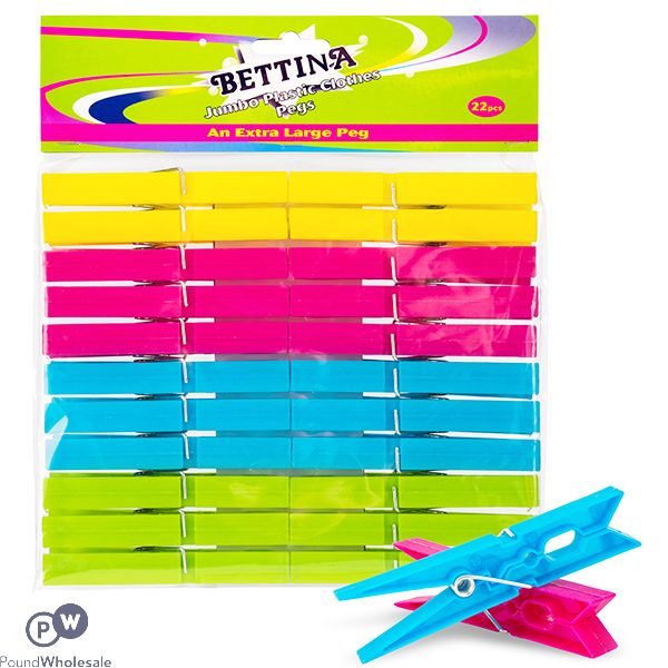 Bettina Assorted Colours Jumbo Plastic Extra Large Clothes Pegs 24 Pack