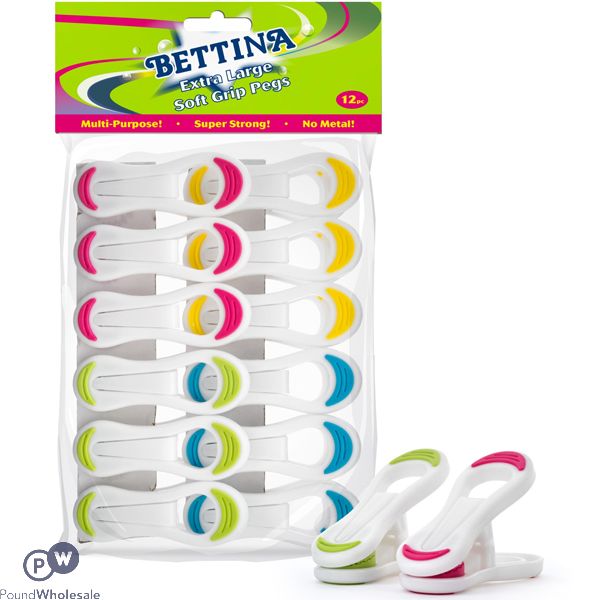 Bettina Assorted Colour Extra Large Soft Grip Pegs 12 Pack