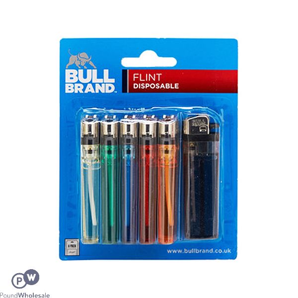 Bull Brand Flint Disposable Assorted Colour Lighters 6 Pack