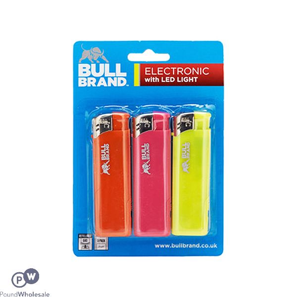 Bull Brand Assorted Colour Led Light Electronic Lighter 3 Pack