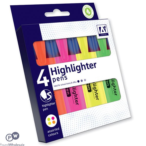 HIGHLIGHTER PENS ASSORTED COLOURS 4 PACK