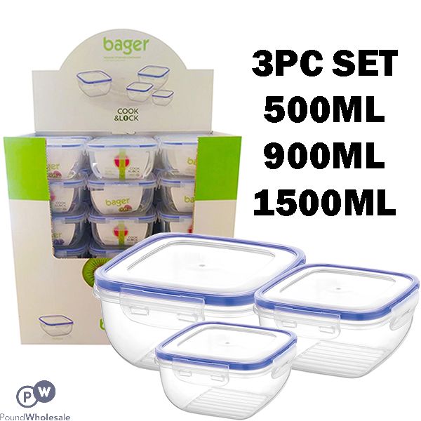 BAGER CLICK & LOCK SQUARE FOOD STORAGE CONTAINER 3PC CDU