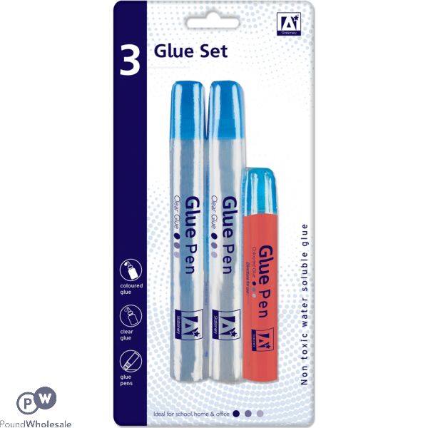 A* Stationery Clear & Coloured Glue Set 3pc