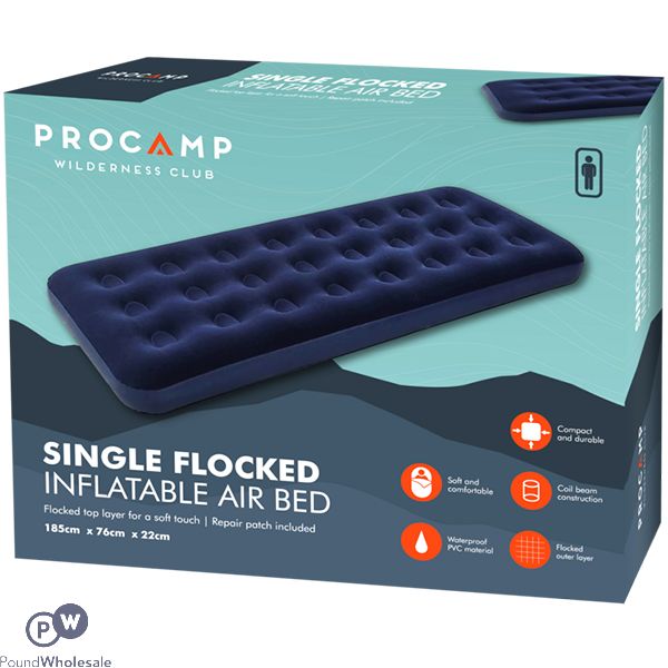 PROCAMP SINGLE FLOCKED INFLATABLE AIR BED 185CM X 76CM X 22CM