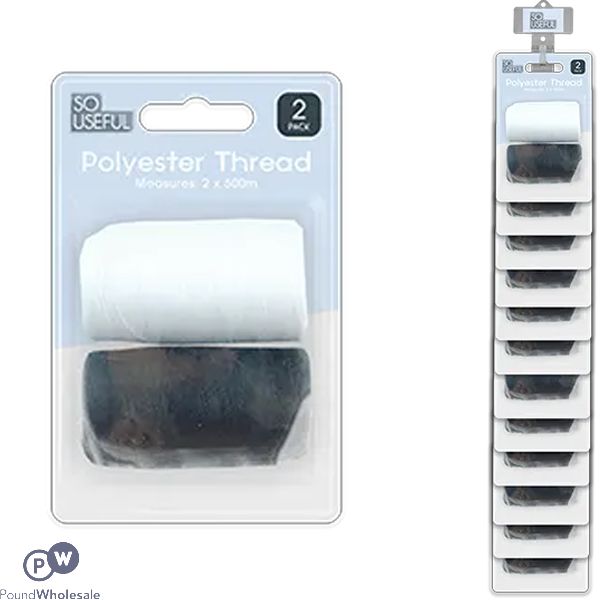 So Useful Black & White Polyester Thread 500m 2 Pack Clip Strip