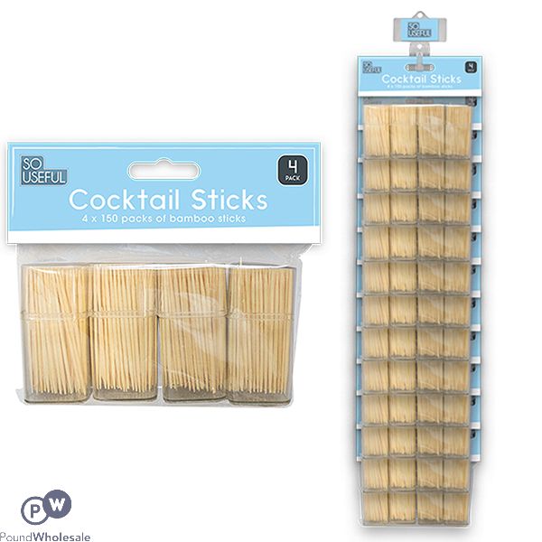 So Useful Party Bamboo Cocktail Sticks 150pc 4 Pack Clip Strip