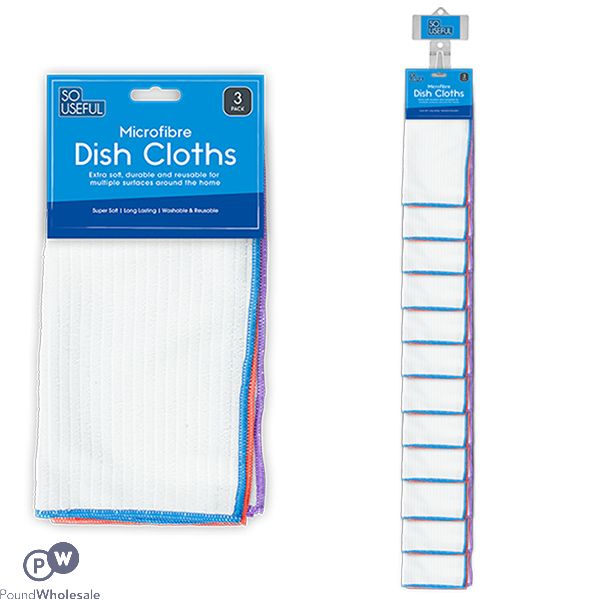 So Useful Assorted Colour Microfibre Dish Cloth 3 Pack Clip Strip