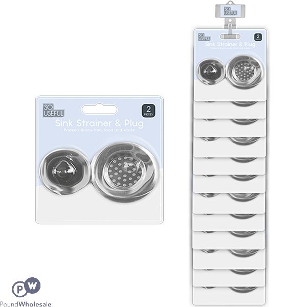 So Useful Stainless Steel Sink Strainer & Rubber Plug Set 2pc Clip Strip