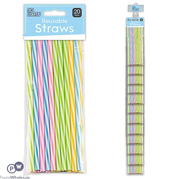 So Useful Assorted Colour Reusable Plastic Straws 20 Pack Clip Strip