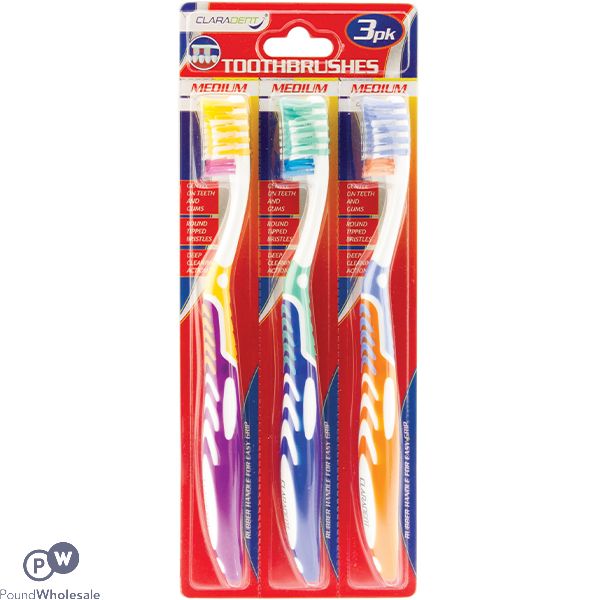 Claradent Assorted Colour Medium Toothbrushes 3 Pack