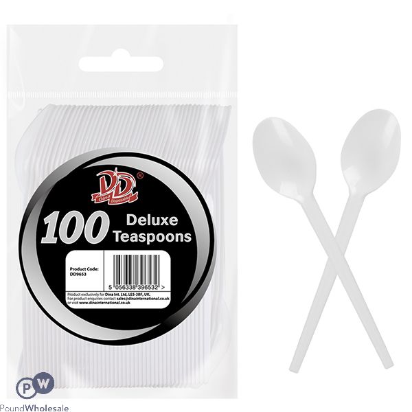 DELUXE DISPOSABLE WHITE PLASTIC TEASPOONS 100 PACK