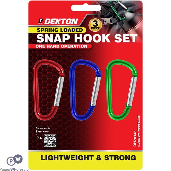 Dekton Assorted Colour Spring Loaded Snap Hook Set 3 Pack