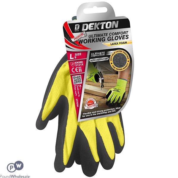 DEKTON COMFORT GRIP BLACK/HI VIS GREEN LATEX FOAM WORKING GLOVES SIZE 9 LARGE 