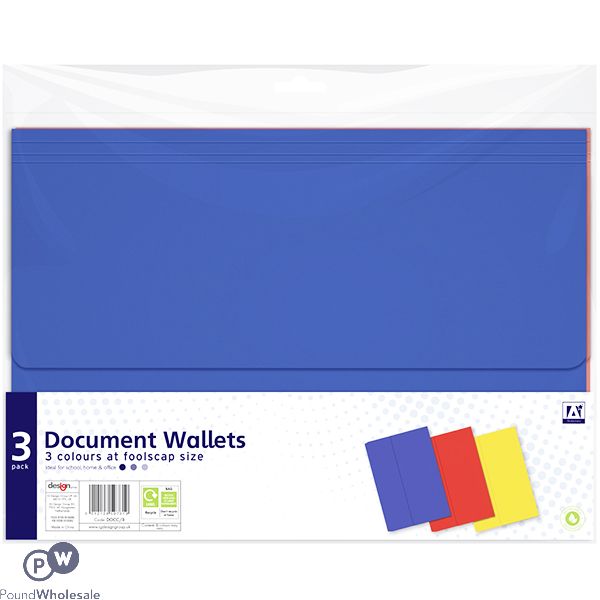 Document Wallets Foolscap Assorted Colours 3 Pack