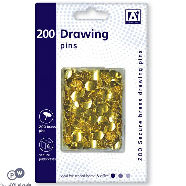 GOLD DRAWING PINS IN PLASTIC CASE 200PC 