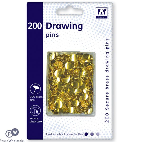 Gold Drawing Pins In Plastic Case 200pc 