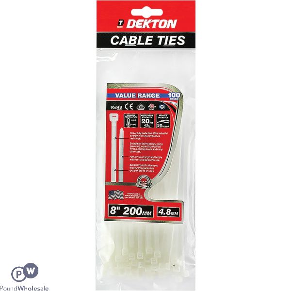 DEKTON 100 PIECE 4.8MM X 200MM WHITE CABLE TIES