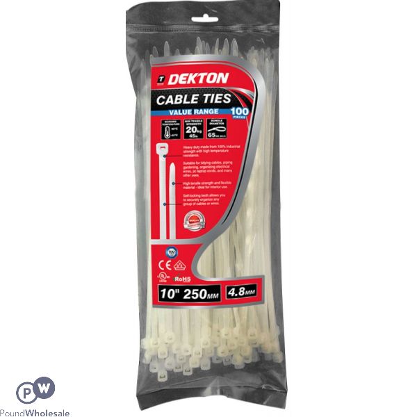 Dekton 100 Piece 4.8mm X 250mm White Cable Ties