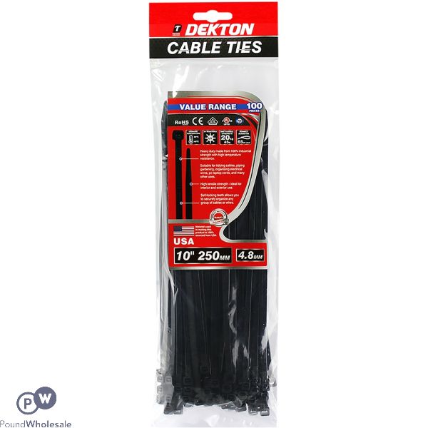 DEKTON 100 PIECE 4.8MM X 250MM BLACK CABLE TIES