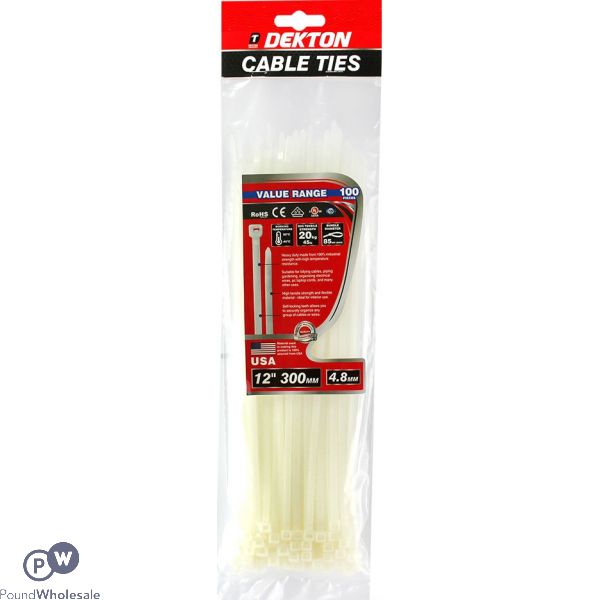 DEKTON 100 PCS 4.8MM X 300MM WHITE CABLE TIES